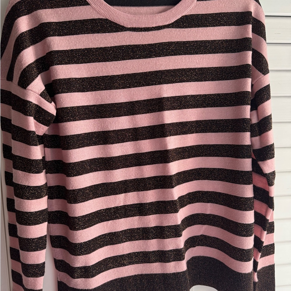 rag & bone Pink and Black Glitter Stripe Crewneck Sweater